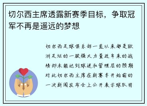 切尔西主席透露新赛季目标，争取冠军不再是遥远的梦想